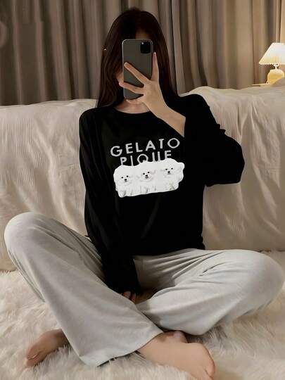 GELATO PIQUE 子犬 プリント パジャマ レディース 秋冬 かわいい 長袖 部屋着 女性 黒 ルームウェア ペット インナー パジャマ ほのぼの