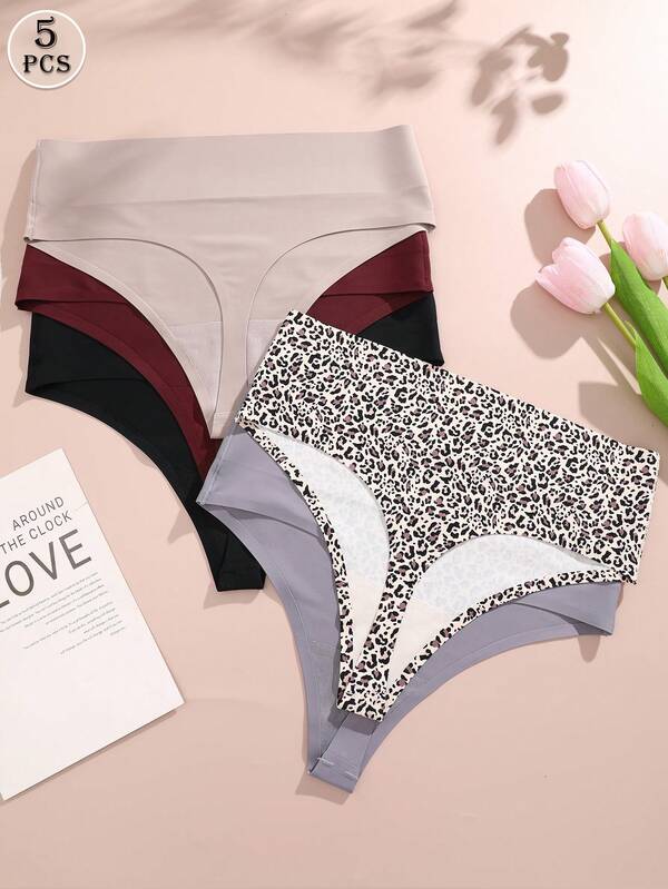 FINETOO 5pcs Women High Waisted Seamless Comfortable Sexy Thongs Panties