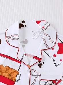 Two Piece Set Of Fried Chicken And French Fries Cola Printed Women's Pajamas, Made Of Milk Silk Material, Breathable And Soft, Including A Collared Shirt And Loose Elastic Shorts, Suitable For Family Gatherings, Birthday Gifts, Christmas Parties, Outdoor Activities - 白色 - 查看 4