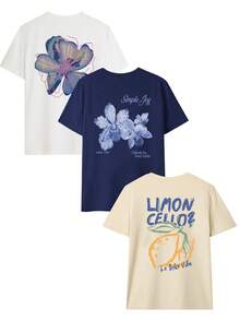 Set de 3 camisetas de mujer de manga corta con cuello redondo y estampado floral, de estilo casual y versátil, color rosa - Rosa - Ver 3