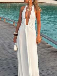 Women's Casual And Elegant Daily Versatile Solid Color Hollow Out Waist-Defining Sexy Pleated Flowy Strap White Sleeveless Halter Neck Long Dress, Spring Summer,Summer Dresses For Women,White Dress,Casual Long Dresses,Holiday Clothes,Elegant Dresses For Ladies,Party Dresses For Women,Beach Dresses,Summer Outfits - White - View 8