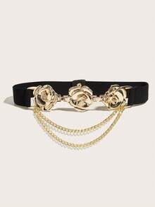 1pc Gold Rose Hollow Buckle Elastic Waist Chain Belt For Women - Golden Rose - View 2