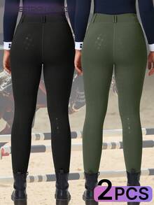 2 piezas Pantalones de montar de cintura alta con control de abdomen, transpirables para mujer. Pantalones de montar con bolsillos, agarre de silicona, secado rápido, elásticos y cómodos con ajuste ceñido, aptos para equitación, deportes al aire libre