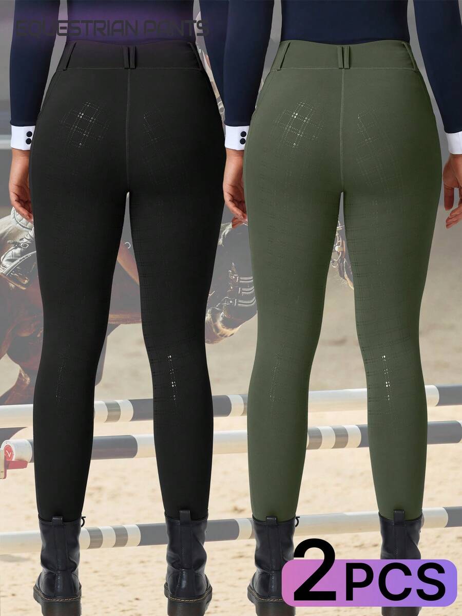 2 piezas Pantalones de montar de cintura alta con control de abdomen, transpirables para mujer. Pantalones de montar con bolsillos, agarre de silicona, secado rápido, elásticos y cómodos con ajuste ceñido, aptos para equitación, deportes al aire libre