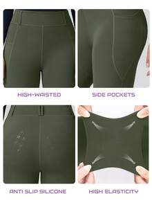 2 piezas Pantalones de montar de cintura alta con control de abdomen, transpirables para mujer. Pantalones de montar con bolsillos, agarre de silicona, secado rápido, elásticos y cómodos con ajuste ceñido, aptos para equitación, deportes al aire libre