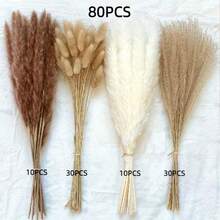 25/50/80/160pcs Natural Premium Pampas Grass Decor - Dried Rattan Flowers For Home, Wedding, Event & Festive Season Decorations (Christmas, Halloween, Easter, Thanksgiving) - Multicolor - View 3