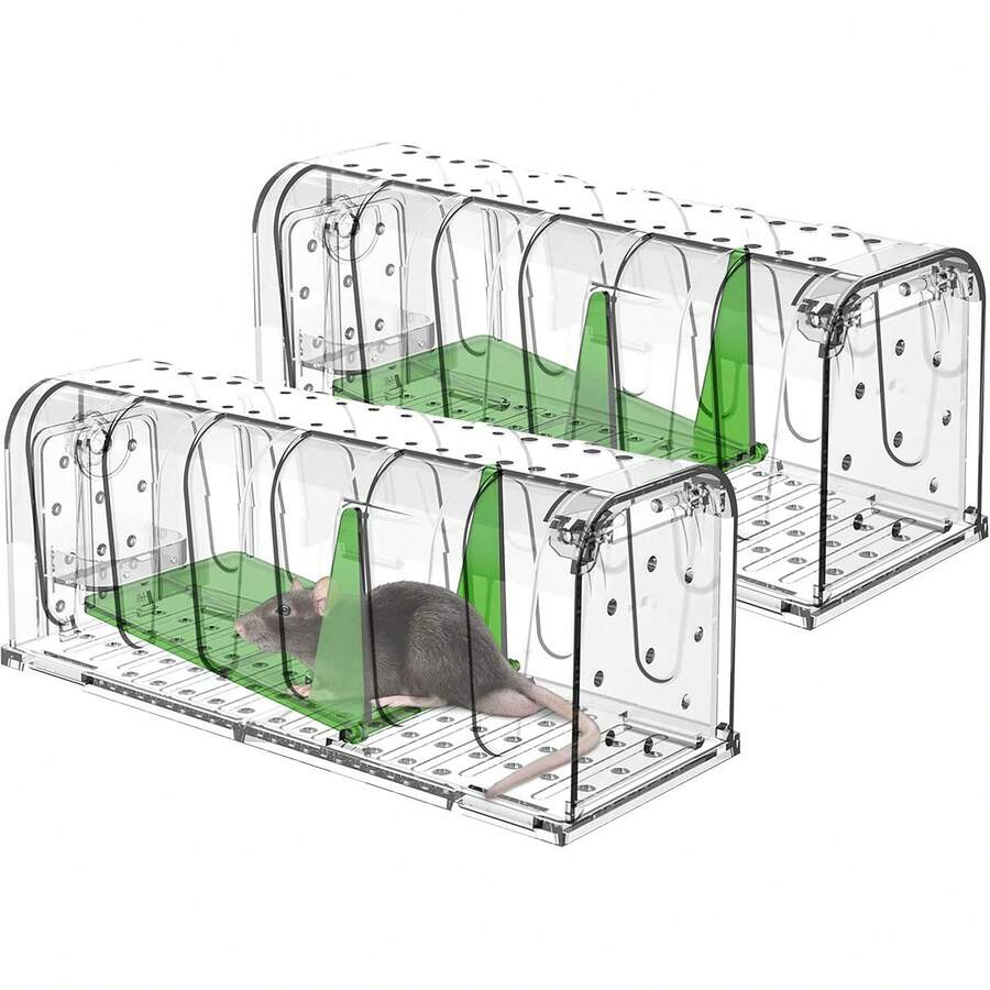 GuDoQi Trampa para Ratones, Juego de 2, Trampas Ratas para Interiores Sin Matar, Reutilizable, Fácil de Limpiar y Instalar, para Cocina, Jardín, Hogar, Oficinas, Campos, Verde - Verde - Ver 1