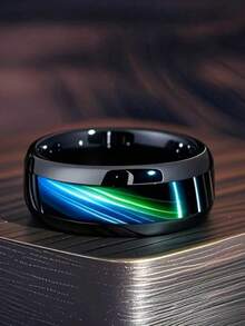 8mm Black Stainless Steel Ring With Inlaid Blue Tiger Eye Stone - Modern Fashion Design, Valentine's Gift, Engagement Ring, Wedding Band Or Casual Wear, Technically Inspired Design - Black - View 7