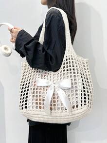BAIZE Lightweight Casual Hollow Beach Bag,White Bag Woven Shopping Crochet Tote Bag, Large Capacity Handbag, Suitable For Travel, Outdoor And School.Travel Essentials,Holiday Essentials,Multifunctional Kitchen Storage Lunch Bag, Suitable For Beach Vacation Or Easy Carrying, Elegant Wedding Season