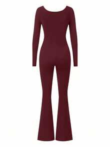 Bộ jumpsuit nữ AiTyi PETITE, dáng ôm vừa vặn, màu trơn, cổ chữ U, tối giản, thời trang, gợi cảm, thoải mái, ôm sát, phù hợp cho hoạt động ngoài trời, thể thao, đi làm, đa năng, phong cách Y2K, tốt nghiệp, lễ hội, lễ Phục sinh, Ngày của Mẹ, mùa xuân/hè. Jumpsuit dệt kim tay dài ống loe. - Màu Đỏ Sâu - Xem 5