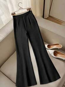 Women's Summer Solid Color Versatile Daily Commute Slimming High Waist Flare Pants With Button And Zipper Decoration Black Spring - Black - View 3