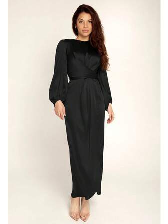 Vestido tradicional árabe de satén de unicolor, elegante y digno para mujer