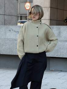 MUMRAP 女士休闲纯色立领针织开衫，复古宽松长袖 - 橄欖綠 - 查看 7