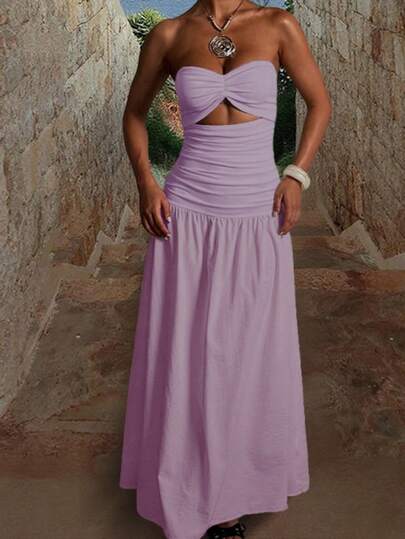 Onicee Summer Dress, Purple Romantic Dress, Fashion Women's Solid Color Bohemian Strapless Hollow A-Line Vacation Party Dress, Elegant Dress Suitable For Valentine's Day, Dates, Gatherings, Parties, Travel, Vacation, Beach And Other Occasions