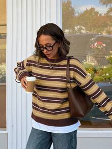 MORI Women's Crew Neck Multicolor Striped Long Sleeve Knit Sweater, Spring New Casual Daily Top, New Year Style Sweater Carnival Top