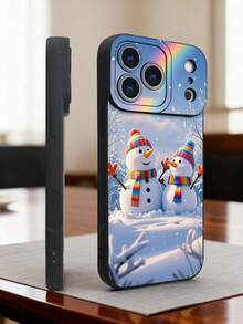 1 pieza Funda de teléfono con diseño de muñecos de nieve con bufandas arcoíris bajo un cielo nevado y un arcoíris en el fondo, estilo invernal festivo ideal para la temporada navideña y días fríos, protección elevada para lente con diseño de ojo, resistente a golpes, compatible con iPhone17 ProMax/16/15/14/13/12/11/Plus/Pro/ProMax, compatible con Galaxy A34/A35/A54/A55, Galaxy S20/S21/S22/S23/S24/S25 Ultra/Plus, compatible con Galaxy/Redmi/Honor/OPPO/ViVo - Negro - Ver 1