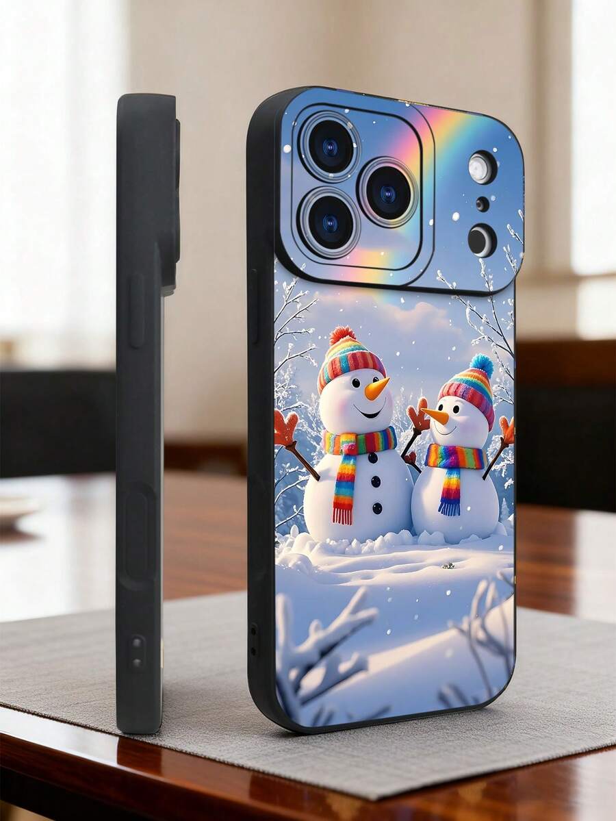 1 pieza Funda de teléfono con diseño de muñecos de nieve con bufandas arcoíris bajo un cielo nevado y un arcoíris en el fondo, estilo invernal festivo ideal para la temporada navideña y días fríos, protección elevada para lente con diseño de ojo, resistente a golpes, compatible con iPhone17 ProMax/16/15/14/13/12/11/Plus/Pro/ProMax, compatible con Galaxy A34/A35/A54/A55, Galaxy S20/S21/S22/S23/S24/S25 Ultra/Plus, compatible con Galaxy/Redmi/Honor/OPPO/ViVo - Negro - Ver 1