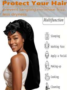 1pc Black Sleeping Cap, Women's Pink Elastic Drawstring Long Satin Silk Sleep Cap, Curl Hair Wrap, Long Hair, Braids, Dreadlocks, Curly Hair Silk Sleep Cap, Satin Bow Sleep Cap Sleep Bonnet - Multicolor 1pc - View 4