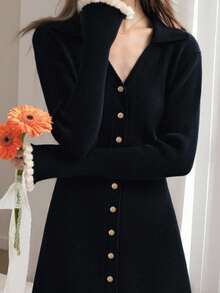 Alicedudu Đầm len nữ mùa thu/đông phối màu tương phản cổ chữ V dáng ôm màu đen - màu đen - Xem 3