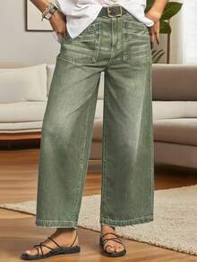 Quần jeans nữ dáng rộng, dài đến khuỷu tay (7/8), kiểu dáng thanh lịch, thời trang với túi hình thoi, thích hợp cho mùa xuân. - xanh quân đội - Xem 4