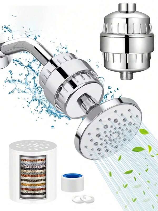高效淋浴过滤器，通用多层淋浴喷头净水器，20级壁挂式淋浴喷头过滤器，耐用塑料结构，现代圆形设计，抛光镀铬表面，高效出水，去除氯、水垢和沉淀物，软化水质，改善皮肤和头发健康，安装简便，提升淋浴体验，适用于浴室翻新、现代浴室和房车浴室，兼容各种淋浴喷头，是理想的礼品之选。