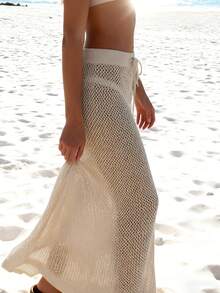 女士休闲假日沙滩裙透视镂空纯色针织系带钩针泳裙比基尼罩衫长款沙滩裙针织高腰紧身沙滩装性感辣妹海边连衣裙，春夏秋季 - 白色 - 查看 2