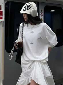 圆领短袖T恤，夏季新款字母印花，时尚休闲宽松女式上衣 - 白色 - 查看 1