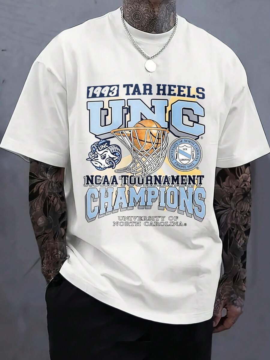 Camiseta estampada para hombres - 1993 Tar Heels Unc Ncaa Tournament Champions Universidad de Carolina del Norte Casual de cuello redondo de manga corta para ropa urbana, ajuste cómodo para todas las temporadas-Blanco - Blanco - Ver 1