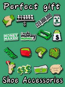 16 buc. Pandantive pentru pantofi DIY cu semnul dolarului, potrivite pentru brelocuri, sandale, genți de plajă etc., fabricate din material PVC, accesorii decorative de înaltă calitate, cadouri excelente pentru Crăciun, ziua de naștere, petrecere, vară, școală și multe altele - Temă dolar american - Vizualizare 1