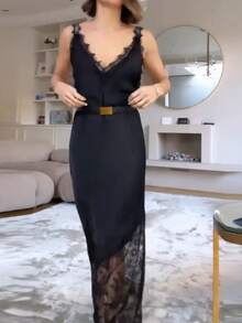 Women's Elegant Sexy V-Neck Slip Dress, Solid Color Woven Fabric With Lace Splice, Elegant For Office, Daily, Date, Airport Outfit, Summer - Black - View 6