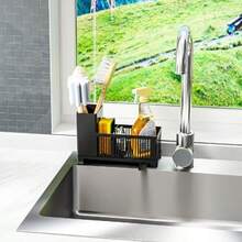 XZGB Rustproof Kitchen Sink Organizer For CountertopMultifunctional Sink Organizer Caddy And Organization Scrub Brush And Sponge Holder Plastic Sink Storage Rack Sponge Drain Rack Dish Soap Dispenser Black - 黑色 - 查看 6