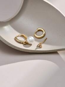 Bộ 3 bông tai nữ sang trọng tối giản thanh lịch, đính đá Cubic Zirconia khảm đồng và ngọc trai giả - Vàng - Xem 3