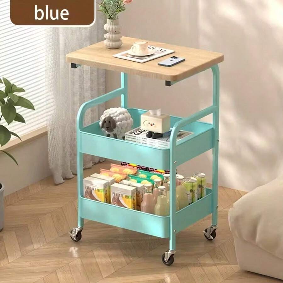 Three-Layer Wheel-Handled Trolley, Multi-Functional Metal Storage Rack, Mobile Trolley, Sturdy Steel Frame Design, Suitable For Kitchen, Living Room And Office Storage, Snack Storage Rack - Kệ màu xanh lá cây với tấm ốp gỗ óc chó sáng màu - Xem 1