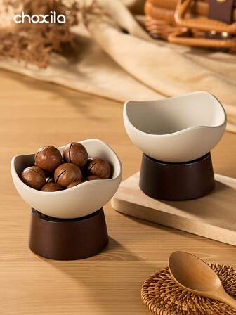 choxila 1pc Vintage Coarse Pottery Dessert Bowl, Solid Wood Base, Multifunctional Fruit Plate, Dessert Cup, Creative Fruit Snack Cup, Dried Fruit Bowl, Snack Plate, Cold Plate, Seasoning Plate, New Tableware