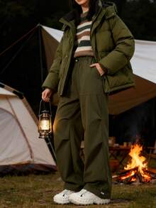 بنطلون كارجو مبطن دافئ ومريح للنساء ذو ساق واسعة | أخضر زيتوني مع خصر مرن وسحاب جانبي - مناسب للارتداء اليومي العادي، التنقل، المكتب، والأناقة الشارعية في فصل الشتاء - أخضر عسكري - مشاهدة 1