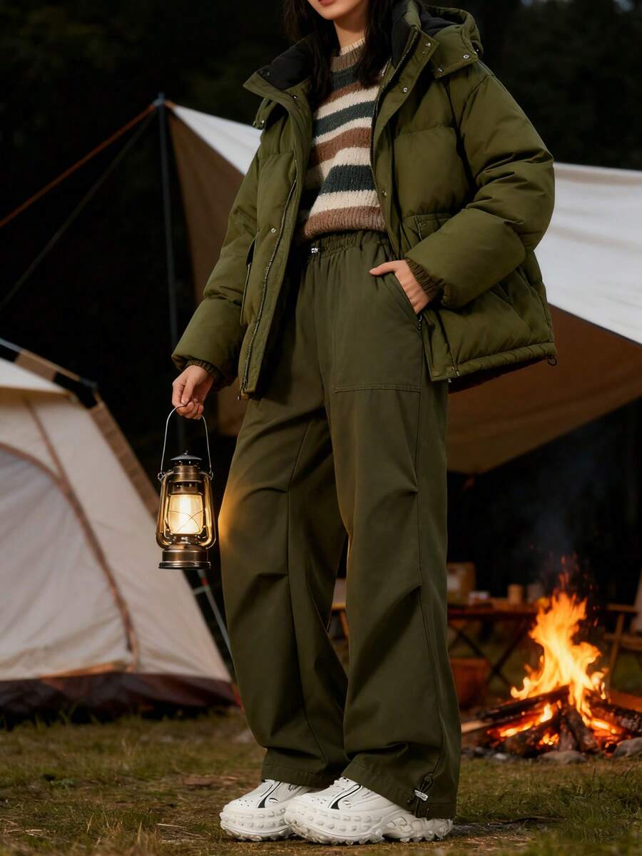 بنطلون كارجو مبطن دافئ ومريح للنساء ذو ساق واسعة | أخضر زيتوني مع خصر مرن وسحاب جانبي - مناسب للارتداء اليومي العادي، التنقل، المكتب، والأناقة الشارعية في فصل الشتاء - أخضر عسكري - مشاهدة 1