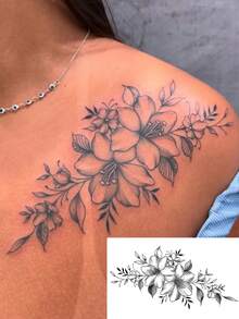 1张逼真防水防汗花卉肩部临时纹身贴纸，复古耐用防水纹身贴纸，高端美学设计，小众艺术风格假纹身，适合时尚爱好者 - 黑色 - 查看 1