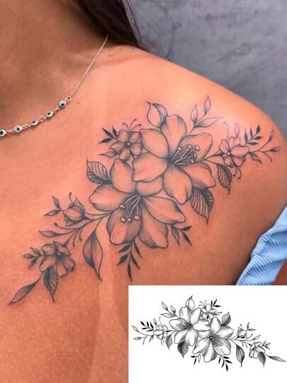 1 pièce Autocollant de tatouage temporaire floral réaliste, imperméable et résistant à la transpiration à l'épaule. Autocollant de tatouage vintage durable et imperméable. Design esthétique haut de gamme, style artistique de niche, tatouage factice convenant aux passionnés de mode