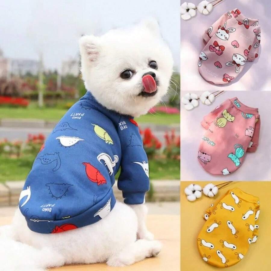 可爱印花柔软纯棉宠物狗衣服，卡通兔子图案猫咪无袖背心套头衫，小型犬夏季T恤 - 彩色 - 查看 1