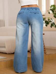 Plus Size Women's Elastic Waist Drawstring Straight Leg Jeans Casual Spring - Light Wash - View 5