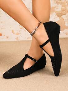 Giày bệt quai chữ T gót thấp dành cho nữ, Giày cao gót mũi nhọn cổ điển thanh lịch cho mùa xuân/thu, Giày bệt Mary Jane buộc dây, Giày lười thoải mái màu đen cổ điển tối giản, Giày bệt thường ngày có dây khóa đa năng - màu đen - Xem 2