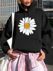 Sudadera Casual para Mujeres con Patrón de Margaritas, Tejido de Punto 100% Poliéster, Sudadera con Capucha y Cordón para las Cuatro Estaciones - Negro - Ver 6
