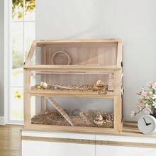 PawHut 3-Tier Wooden Hamster Cage Nagarium Rodent Cage With Folding Lid And Exercise Wheel 80 X 50 X 76 Natural Wood - 1 - View 4