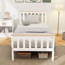 HOMCOM Single Bed Frame, Wooden Bed Frame, Low Storage, Natural Wood, White