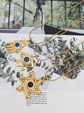 1 pieza Collar con colgante de acero inoxidable chapado en oro de 18K con diseño de ojo de demonio, hexagrama y palma, cadena única de mano de Fátima y clavícula