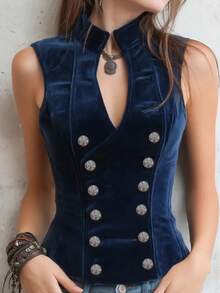 Women's Elegant & Refined Navy Blue Double-Breasted Sleeveless Mandarin Collar Top, Spring/Autumn - 寶藍色 - 查看 4