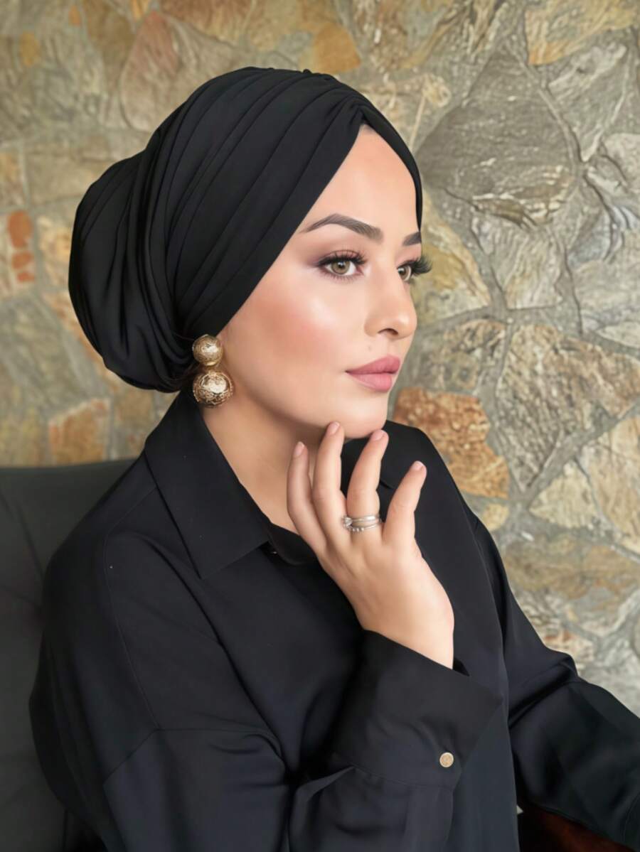 قبعة توربان كلاسيكية بلون أحادي للنساء، مرنة للغاية، بتصميم منقوش، مانعة للانزلاق، قابلة للتنفس، وشاح رأس منقوش متعدد الطبقات، يتناسب بشكل مثالي مع الحجاب، مصنوعة من قماش مودال محبوك ناعم وممتاز للارتداء اليومي - الأسود - مشاهدة 1