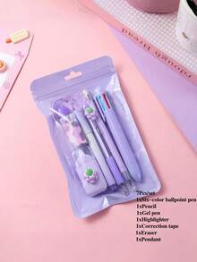 7件套卡通学习文具套装，包含可爱铅笔、橡皮擦、修正带和圆珠笔，适合学生办公使用，是返校季的理想礼物。