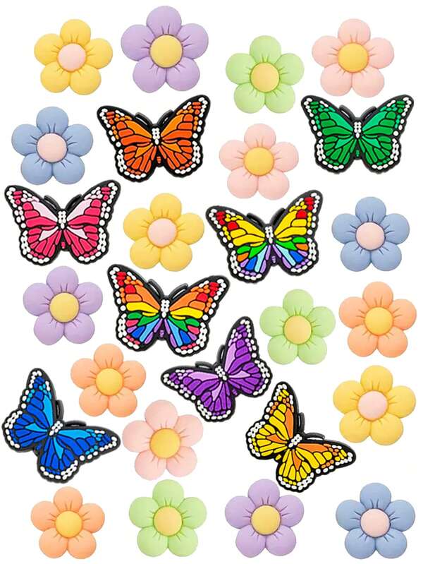 26 PCS Butterfly Flower Series, Colorful And Adorable Butterfly Flower Shoe Decorations, Shoe Charm, Sports Shoes And Wristbands, Suitable For DIY Shoes, Keychains, Beach Bag Accessories - Very Suitable As Christmas, Valentine's Day, Halloween And Birthday Gifts