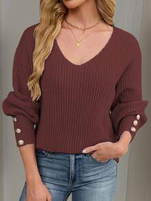 Women's All-Match Loose V-Neck Button Knit Sweater, Casual Versatile Lightweight Ribbed Pullover - Coffee Brown - View 3
